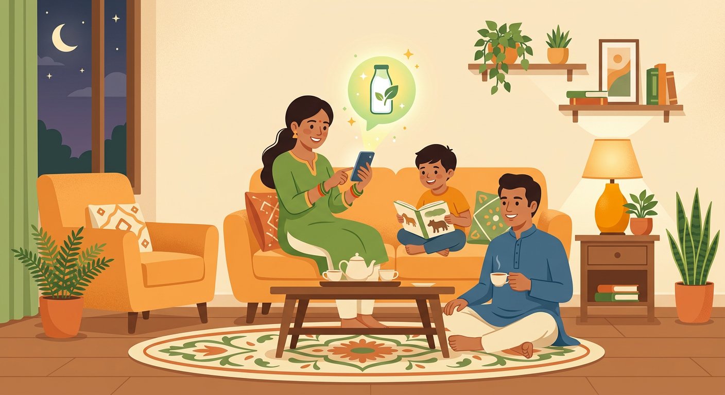 Family checking tomorrow's milk notification on a phone in the evening