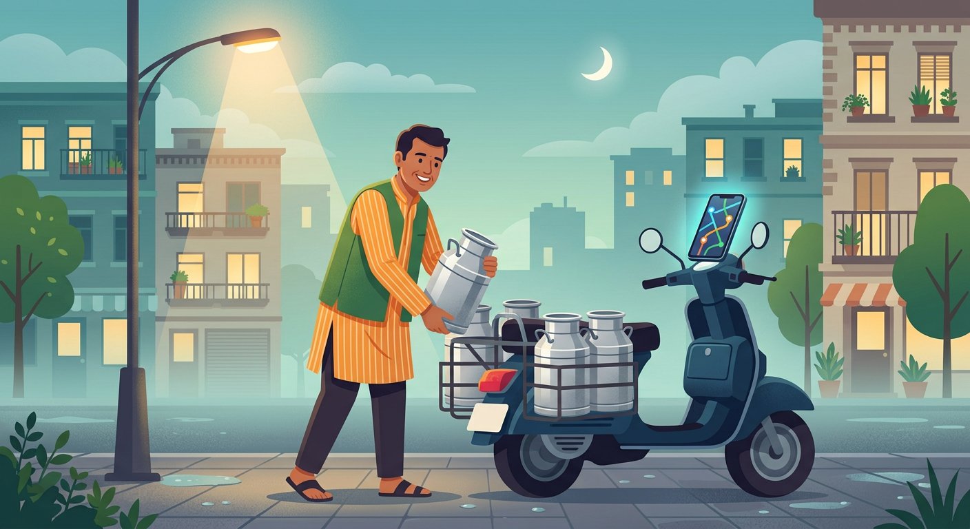 Milkman loading milk cans onto a scooter early in the morning