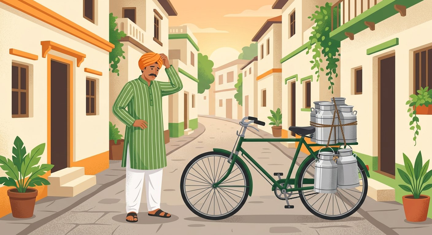 A worried milkman with his bicycle full of milk cans