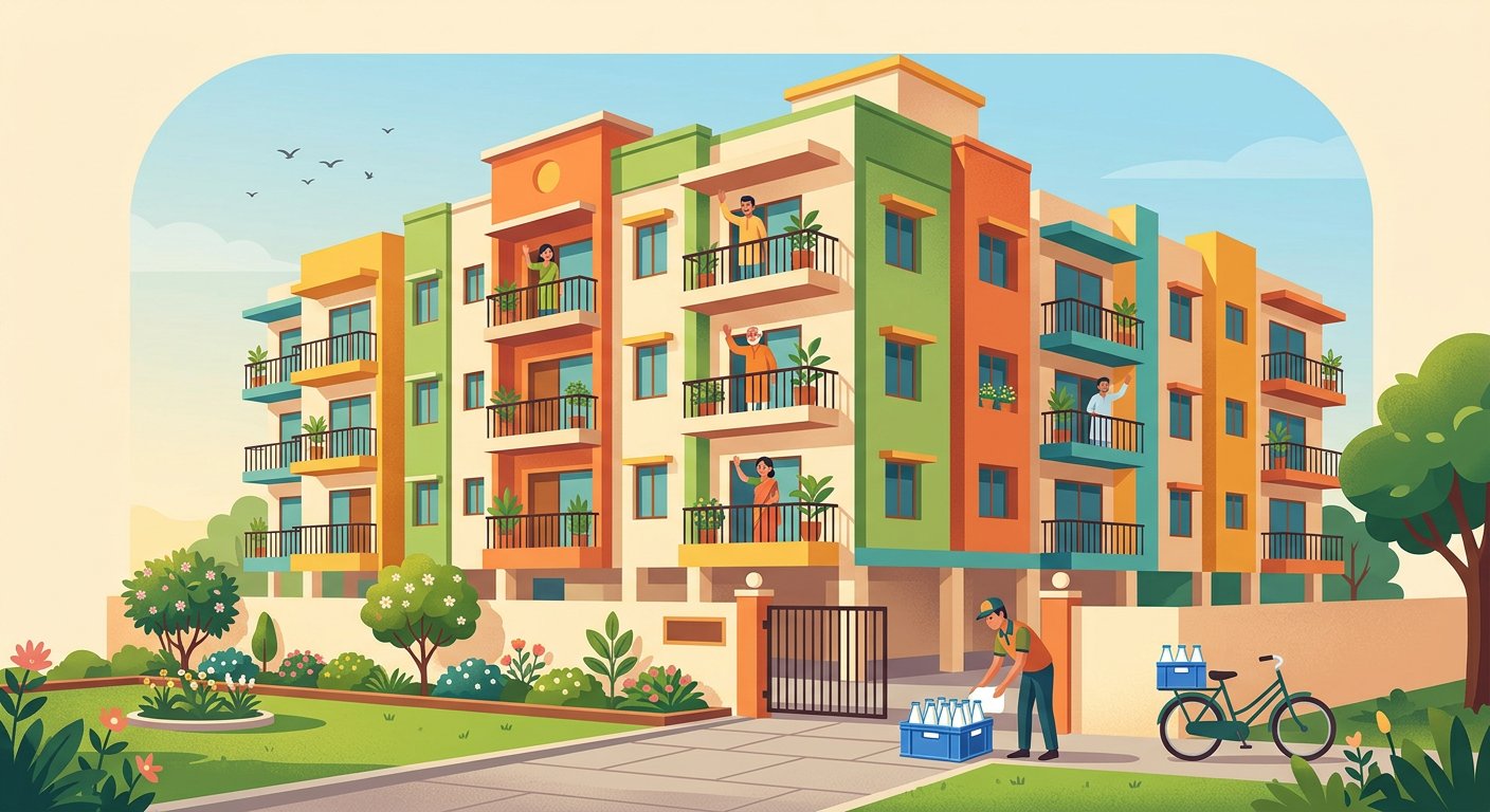 Apartment society building with residents and a crate of milk bottles