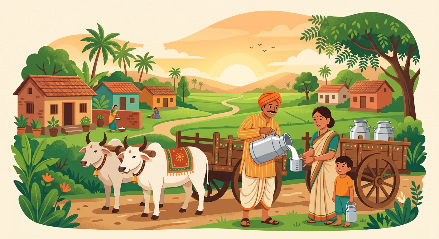 Village milkman pouring milk from a steel can in a rural setting