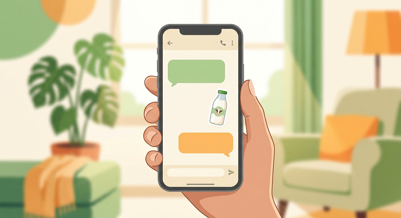 Hand holding a phone showing chat bubbles with a milk bottle